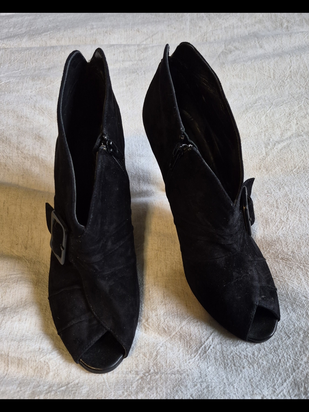 Women’s Black Suede Peep Toe Ankle Booties with Buckle - Picture 2 of 7